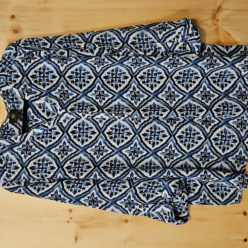 JM Collection 2X Myra Medallion 3/4 Sleeve Top Artisan Blue Combo EUC
